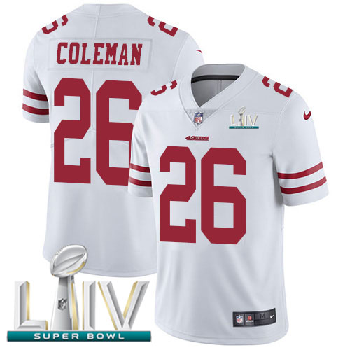 San Francisco 49ers Nike #26 Tevin Coleman White Super Bowl LIV 2020 Youth Stitched NFL Vapor Untouchable Limited Jersey